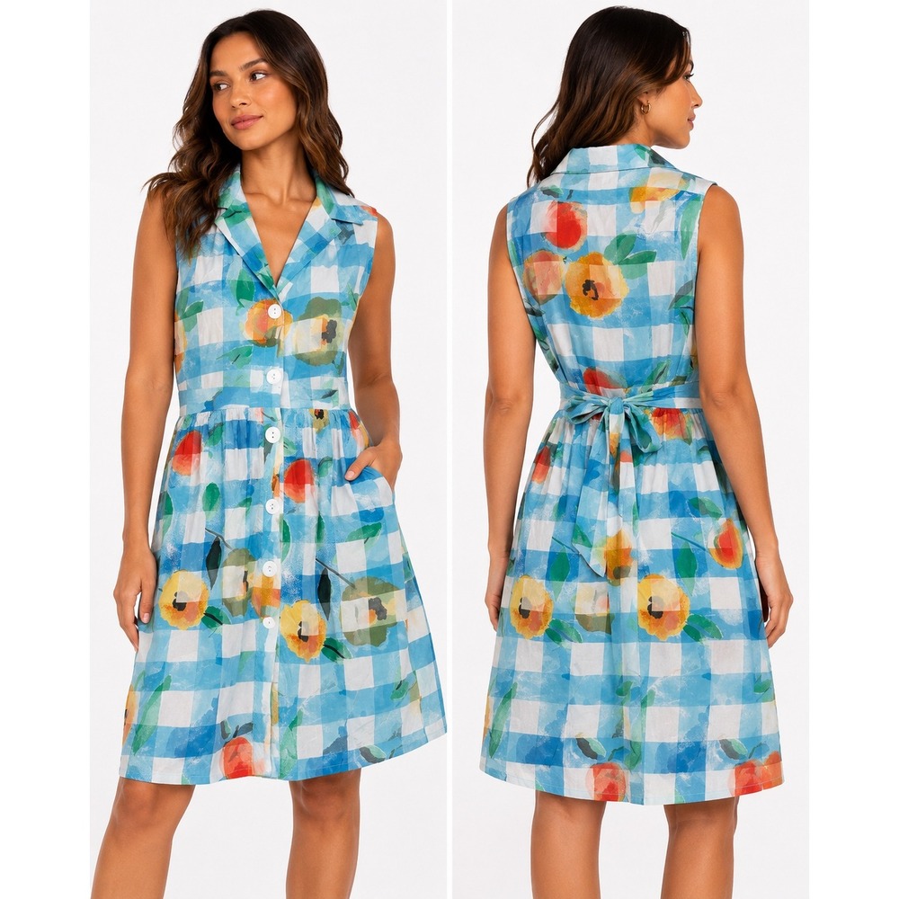 Ci Sono Button Front Dress Womens Medium Blue Gingham Fruit Print Tie Back Retro